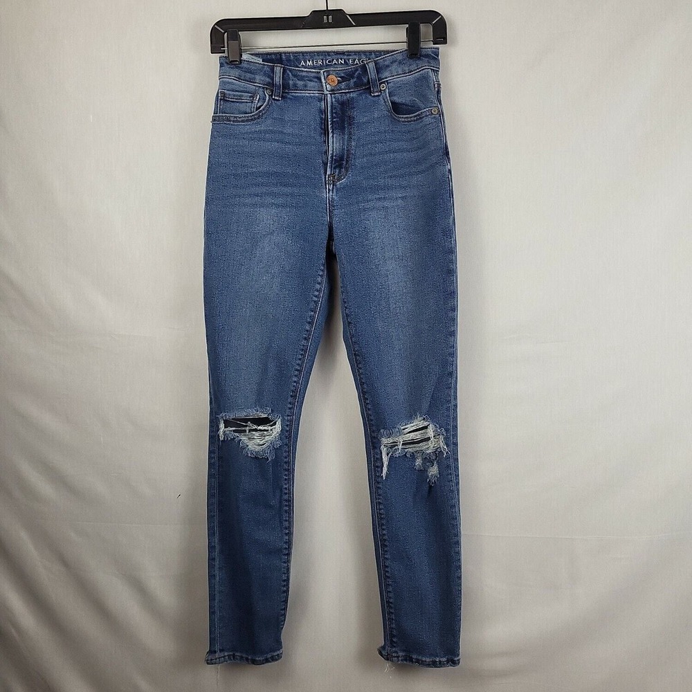 American Eagle Outfitters Womens Blue Busted Knee Stretch Denim Mom Jeans Size 0